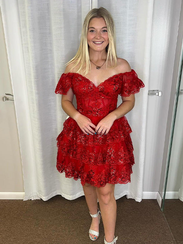 A-Line Off-the-Shoulder Appliques Tiered Ruffle Homecoming Dress - FashionDia