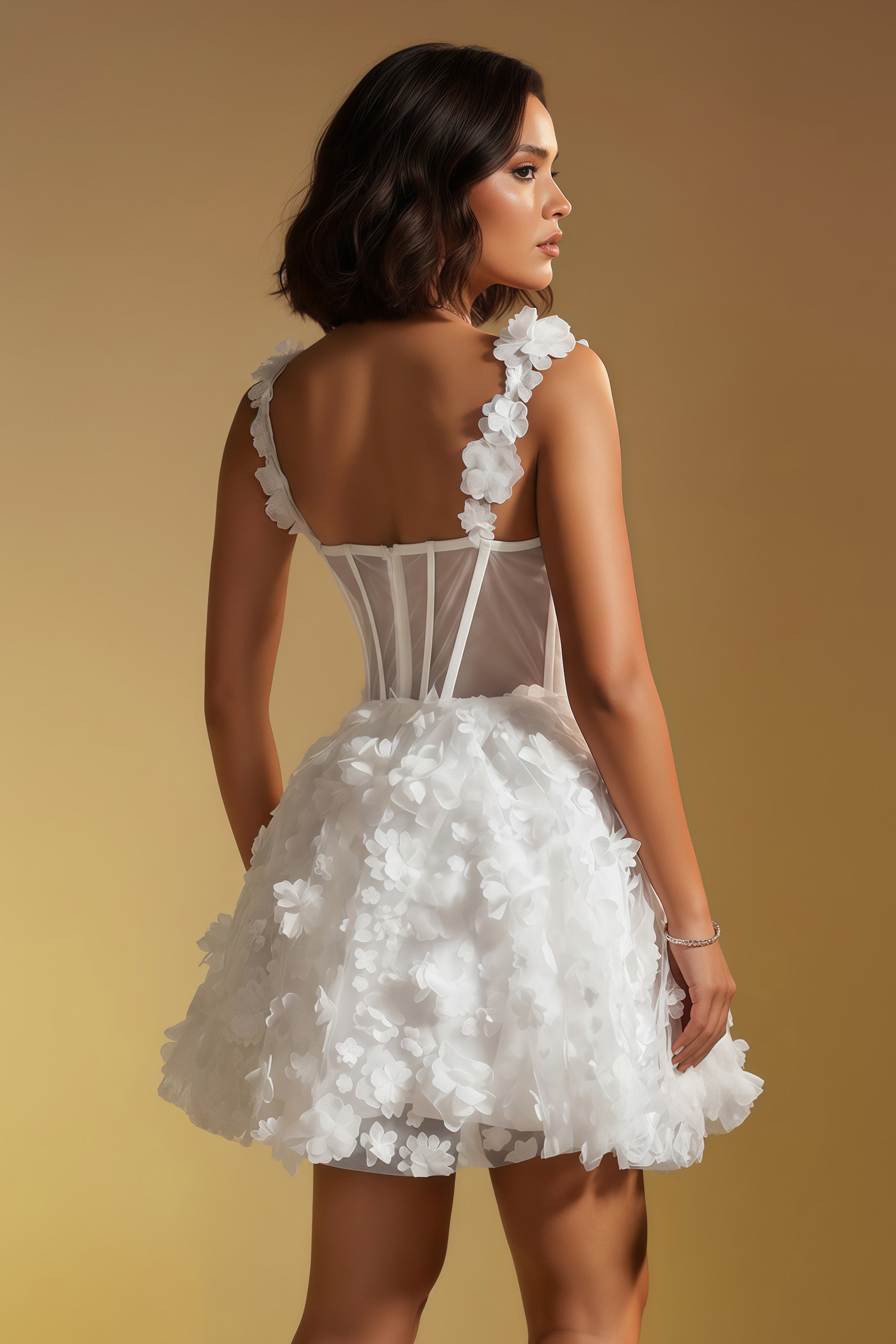 3D Floral Applique Mesh Corset Homecoming Mini Dress