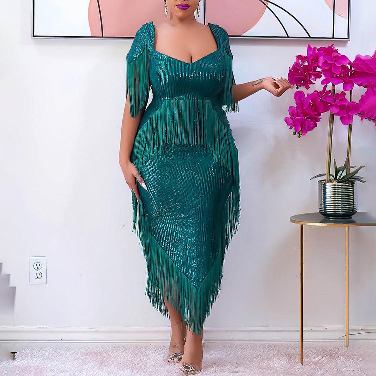 Evening Dress Sequined Tassels Slim Fit Sexy Bridesmaid Dress Women - View 5 | VelvetHem