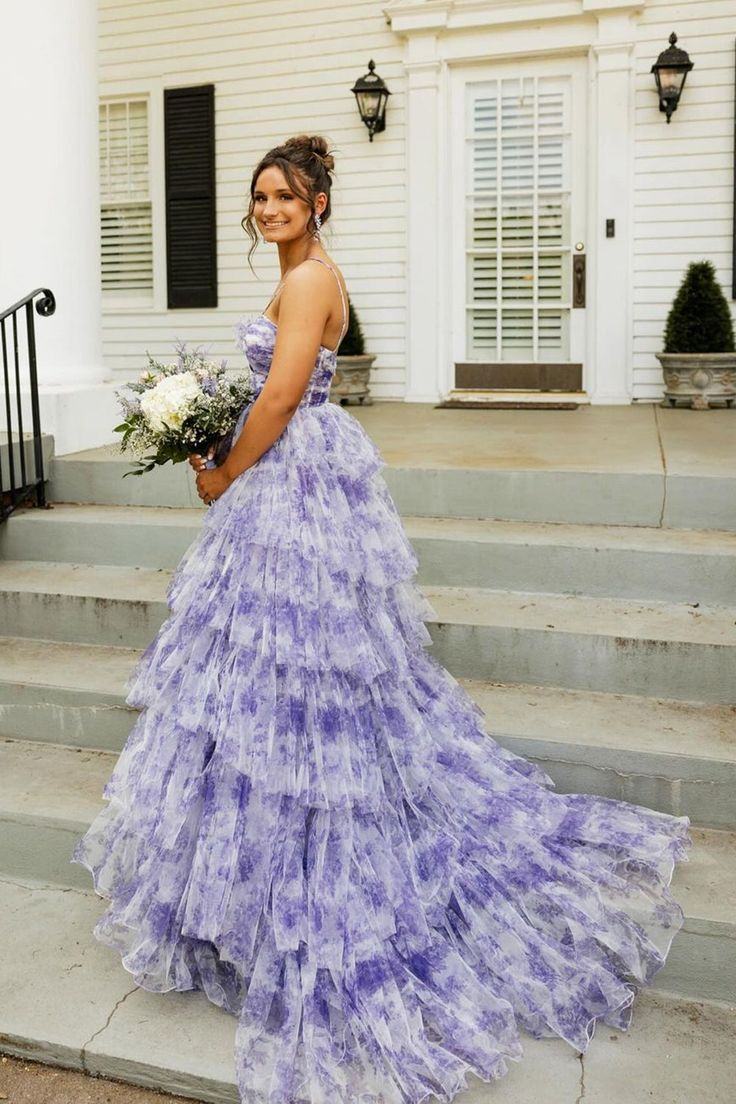 Sweet Ball Gown Straps Lavender Floral Printed Tulle Long Prom Dress - VelvetHem