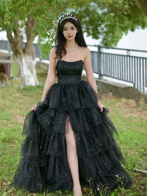 Glitter Black Tulle Layered Long Prom Dress Slit Fairy Ball Gown Party Dress - View 2 | FashionDia