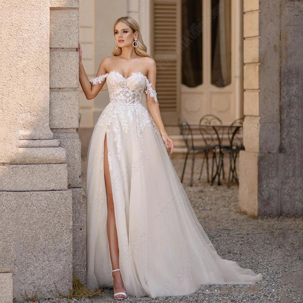 Light Champagne Pastrol Wedding Dresses Off Shoulder Sweetheart Bride Gowns Side Split A-Line Tulle Vestido De Novia (ZD13391) - View 2 | VelvetHem