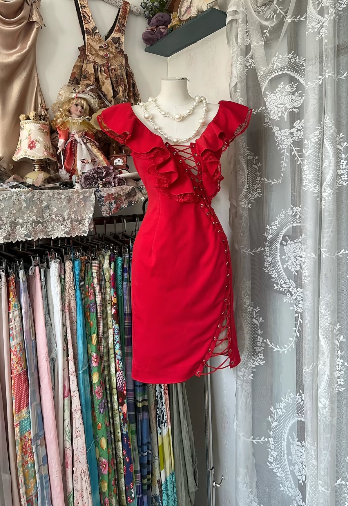 Red Sheath Short Evening Dress Ruffle Sleeves Birthday Dress J8517