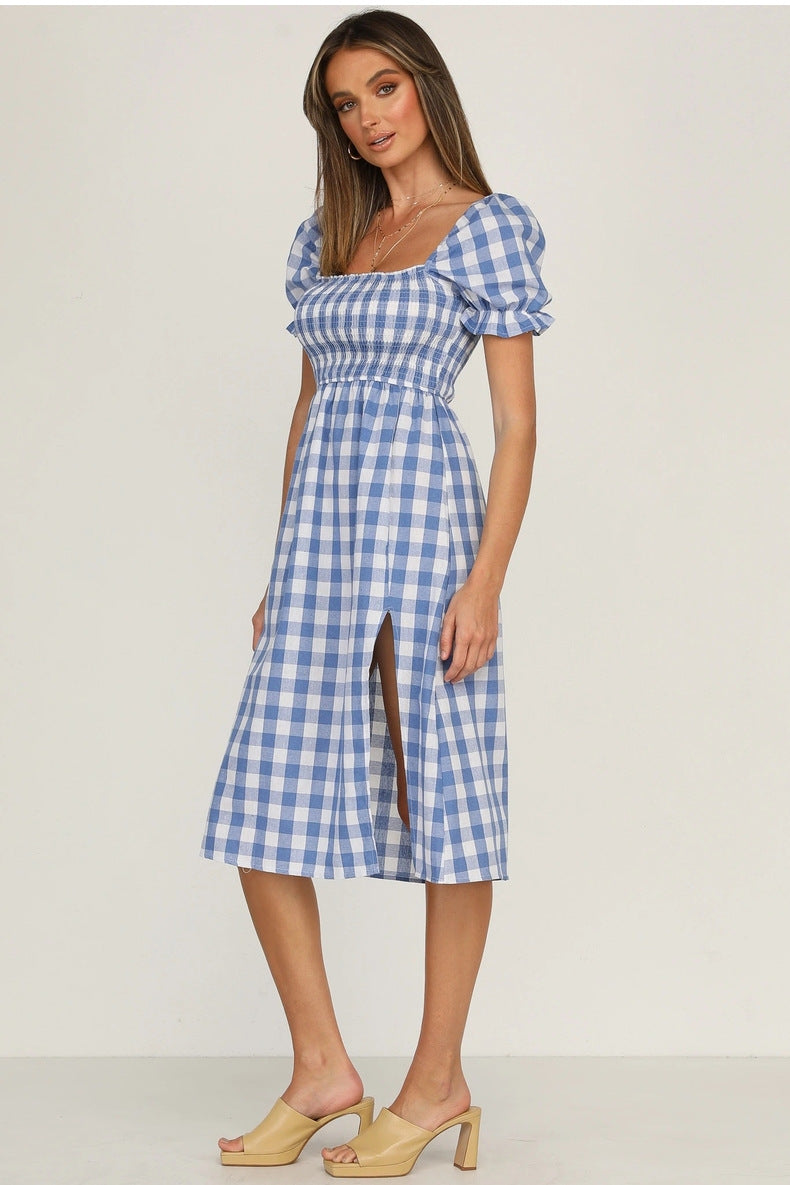 Rye Puff Sleeve Gingham Midi Dress Navy