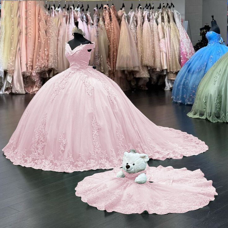 Off-the-Shoulder Pink Sweet 16 Quinceanera Dresses Lace Birthday Ball Gown - FashionDia