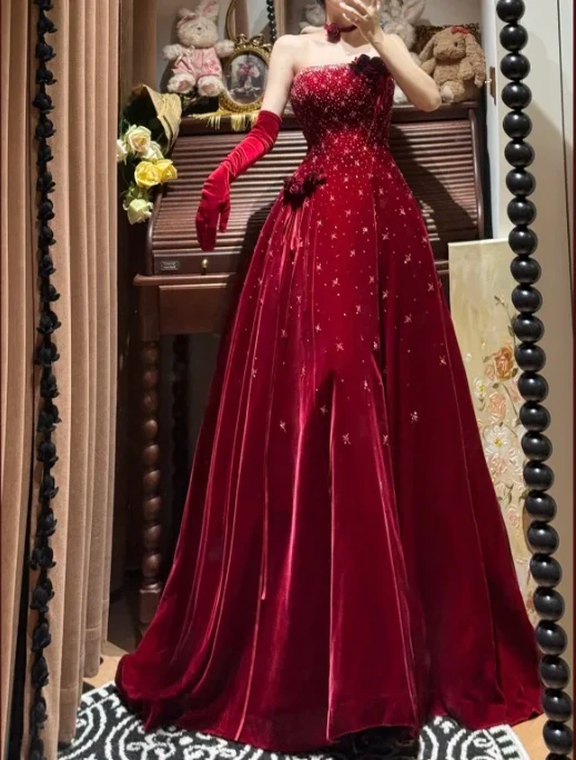 Vintage Strapless Red Velvet Sequin Beaded Long Evening Gown Party Dress - View 2 | FashionDia