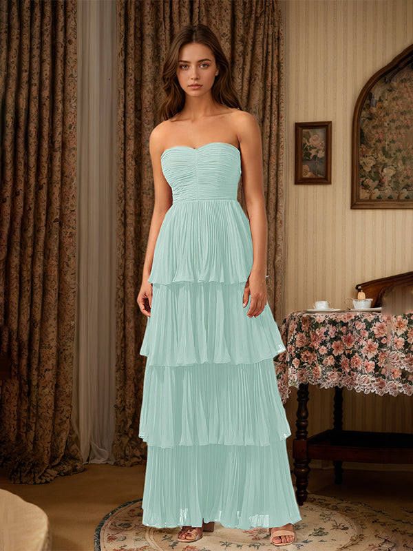 Burgundy A-Line Sweetheart Floor-Length Tiered Chiffon Bridesmaid Dress