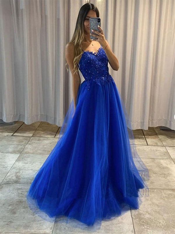 Blue A-Line Spaghetti Straps Tulle Long Prom Dress with Appliques - FashionDia