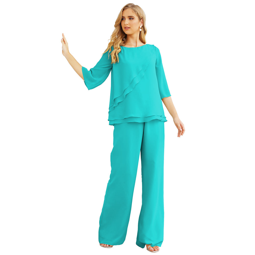 Sunnderly Chiffon Mother of The Bride Dress Plus Size Pant Suits Ruffle Layers