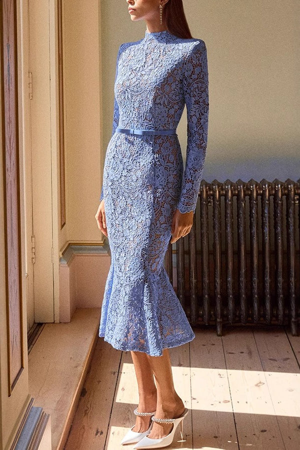 Sheer Hollow Out Belted Mermaid Lace Dress - VelvetHem
