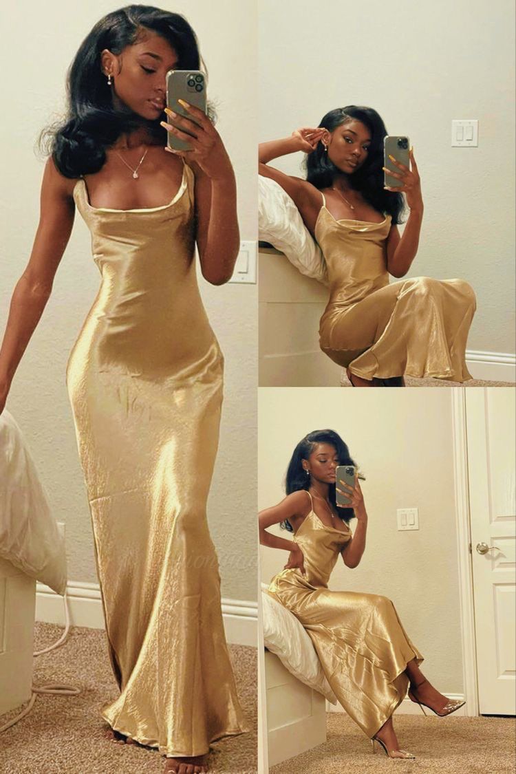 Mermaid Spaghetti Straps Long Prom Dress Gold Charming Evening Dress Black Girls Prom Dress - View 6 | FashionDia
