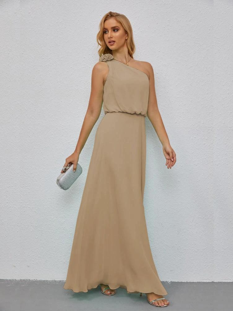 Ruffled One Shoulder Sleeveless Long Bridesmaid Dresses A-line Formal Evening Gown Side Split 28080 by numbersea