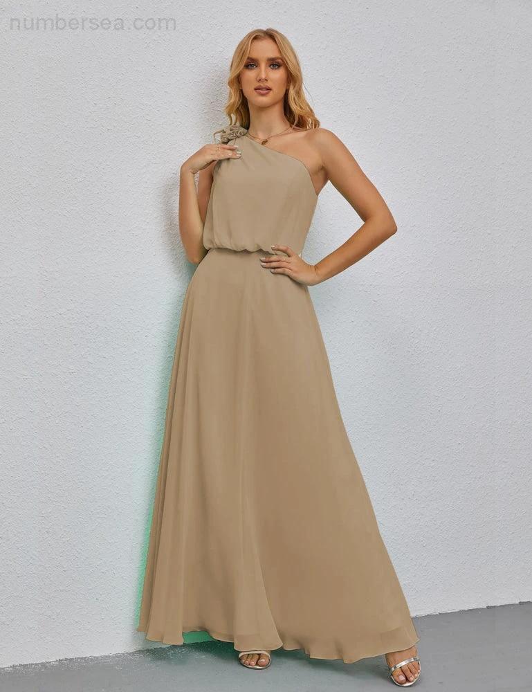 Ruffled One Shoulder Sleeveless Long Bridesmaid Dresses A-line Formal Evening Gown Side Split 28080 (ZD17018)