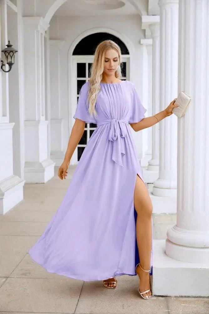 Ladies Chiffon Sleeve Crew Neck Front Slit Floor Length Bridesmaid Evening Dress Wedding Party Evening Dress 28124 by numbersea
