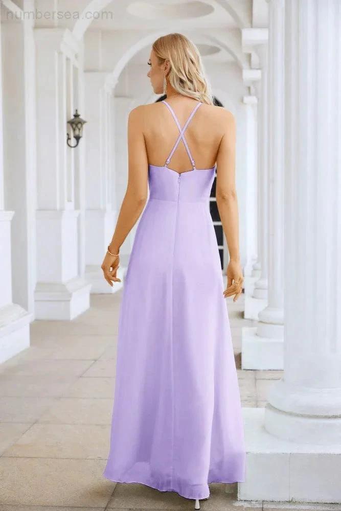 Ladies Chiffon Spaghetti Strap V Neck Front Slit Floor Length Bridesmaid Evening Dress Prom Party Wedding Evening Dress 28116 (ZD17012)