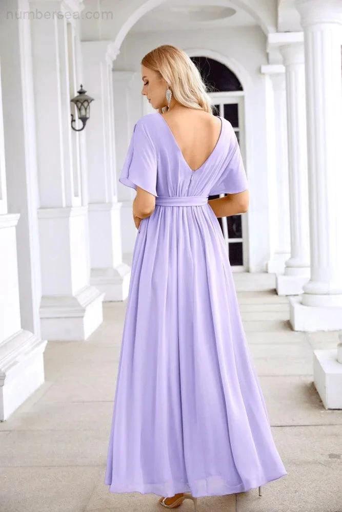 Ladies Chiffon Sleeve Crew Neck Front Slit Floor Length Bridesmaid Evening Dress Wedding Party Evening Dress 28124 (ZD17007)