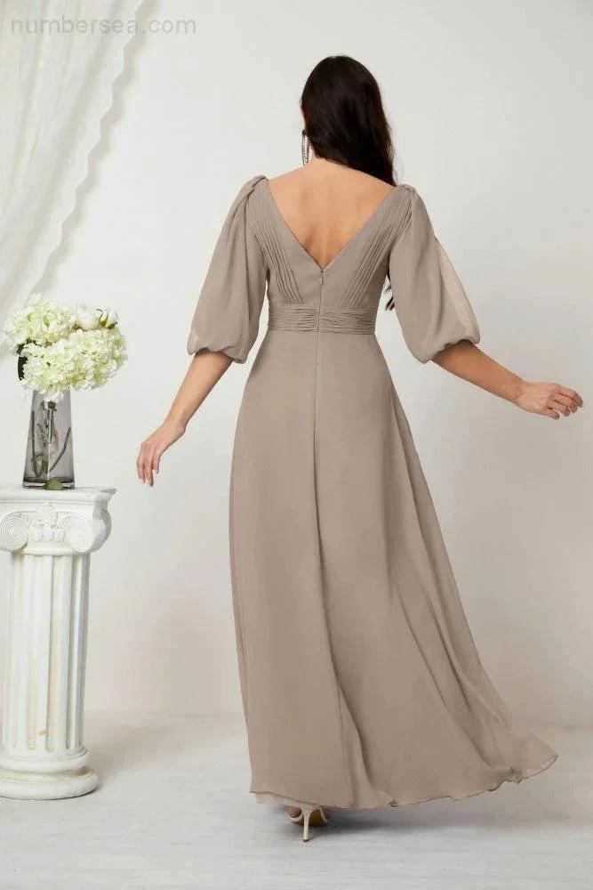 ZapDress Formal Prom Gown Women V-Neck Chiffon Bridesmaid Dresses Long Bishop Sleeve Party Dress 2807 (ZD17027)