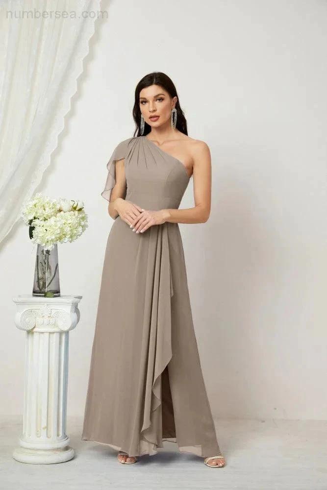 ZapDress Chiffon Ruffled One Shoulder Long Bridesmaid Dresses A-line Formal Evening Gown Side Split 2809 (ZD17049)