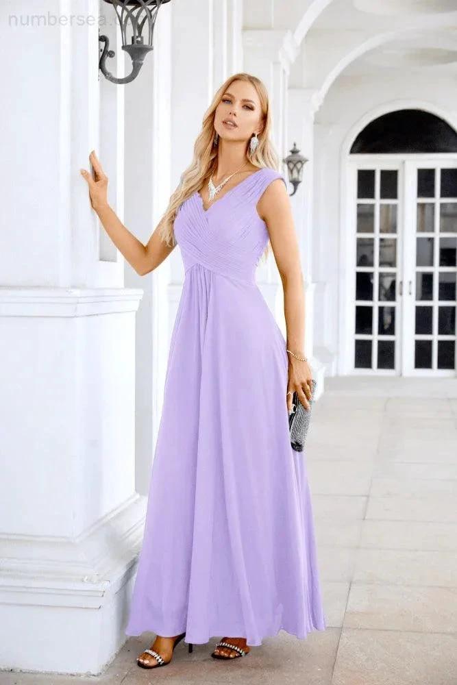 Ladies Chiffon V Neck Sleeveless Floor Length Bridesmaid Evening Dress Wedding Party Evening Dress 28126 (ZD16989)