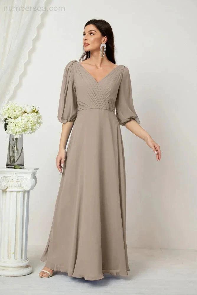 ZapDress Formal Prom Gown Women V-Neck Chiffon Bridesmaid Dresses Long Bishop Sleeve Party Dress 2807 (ZD17027)