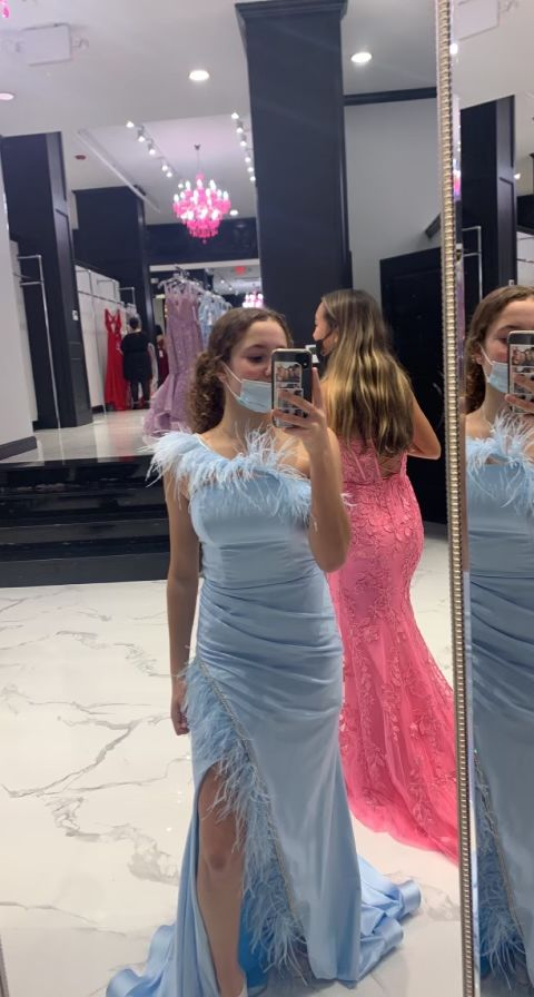 Elegant Blue One-Shoulder Sheath Evening Dress - FashionDia