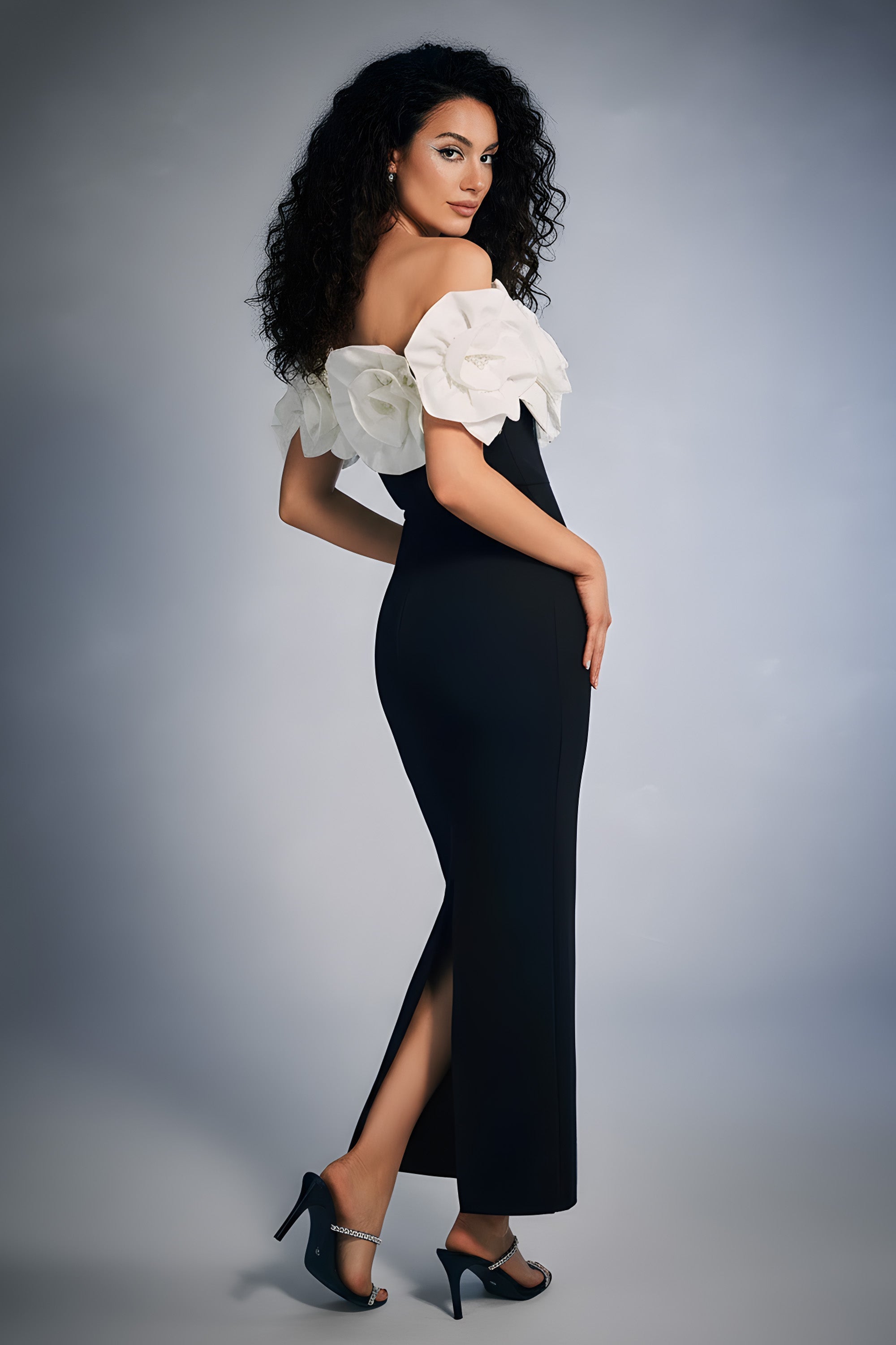 Off-the-Shoulder Maxi Dress with Large Fabric Flowers