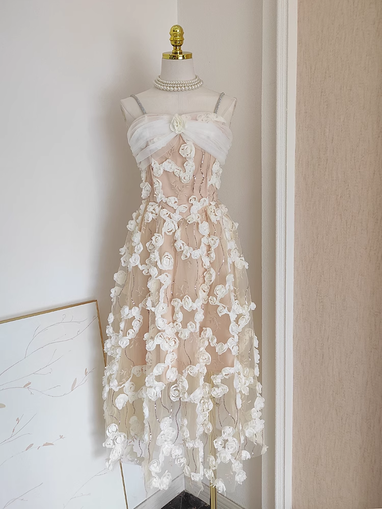 Sexy A line Spaghetti Straps White Satin Floral Dinner Party Dresses Birthday Outfits