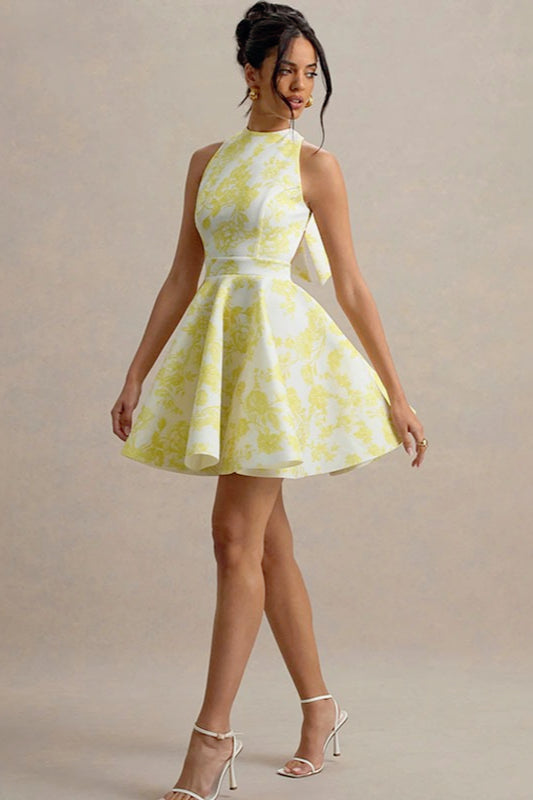 High Waist Backless ALine Mini Floral Dress