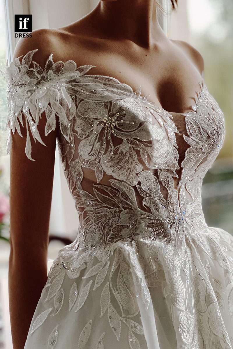 31671 - Unique Off the Shoulder Appliques Rustic Wedding Dress