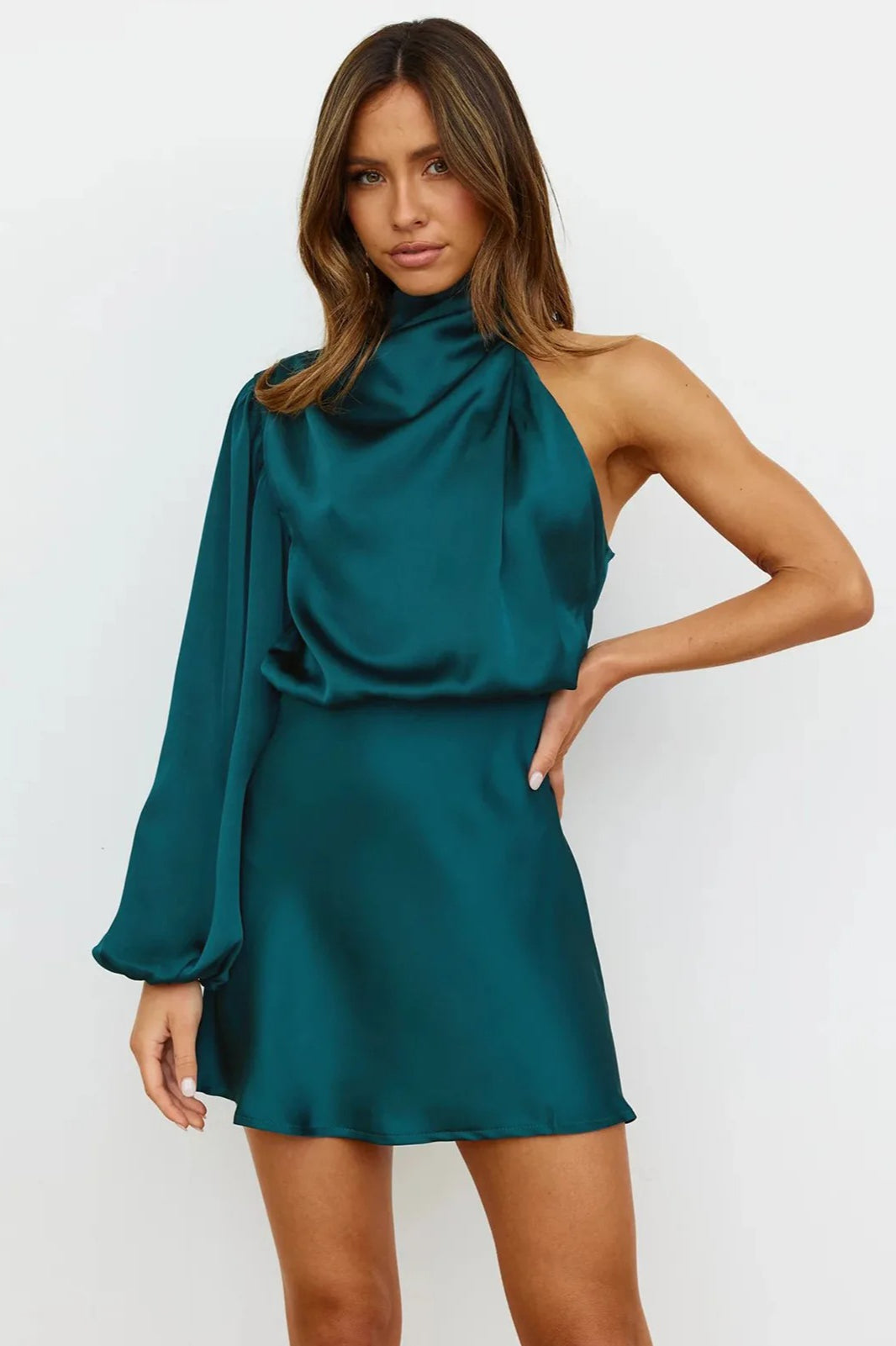 Satin One-Shoulder Mini Dress - View 10 | FashionDia