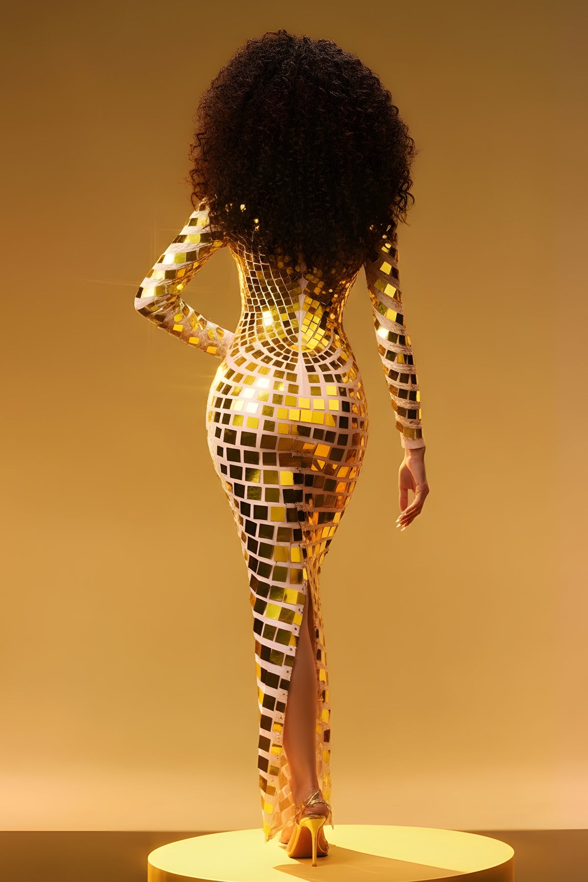 Long Sleeve Mesh Patchwork Mirror Embellished Maxi Party Dress - View 2 | FashionDia