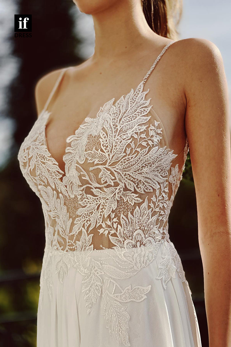 31672 - Plunging V-Neck Lace Appliques Bohemian Wedding Dress