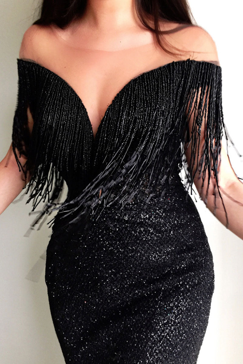 Sexy Solid Tassel Patchwork V Neck Evening Dress Dresses - VelvetHem