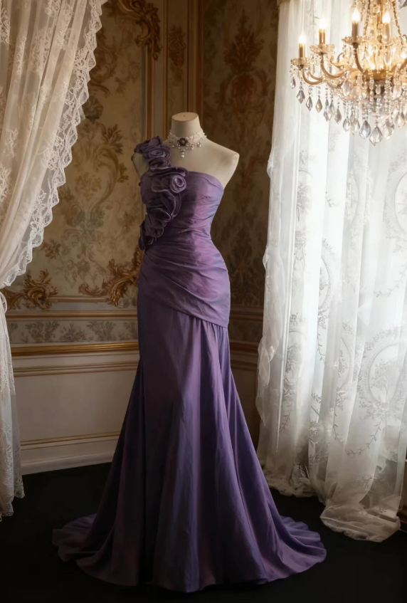 Retro Elegant Purple 3D Floral One-Shoulder Mermaid Satin Long Prom & Evening Dress - FashionDia