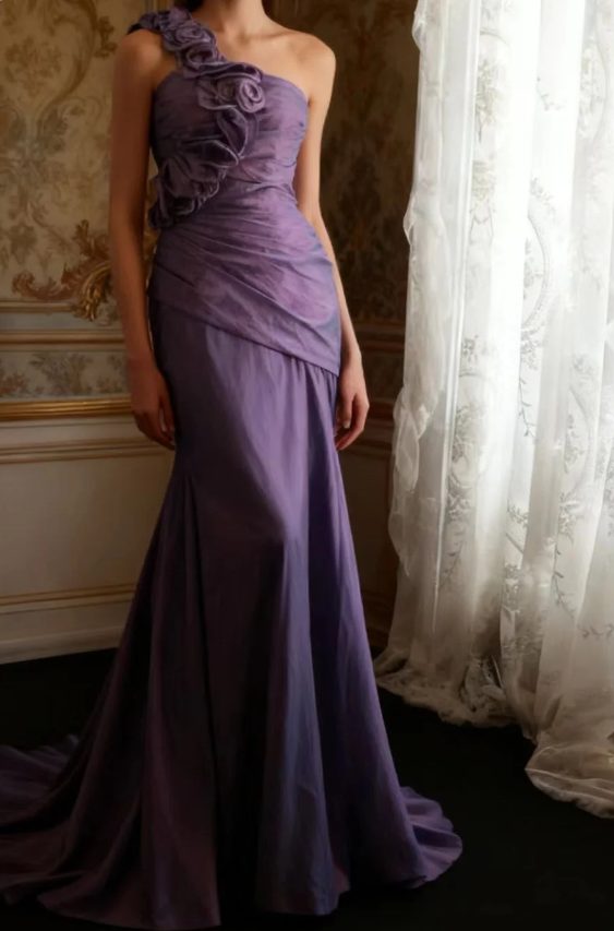 Retro Elegant Purple 3D Floral One-Shoulder Mermaid Satin Long Prom & Evening Dress - View 2 | FashionDia