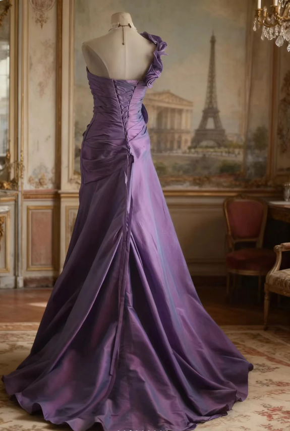 Retro Elegant Purple 3D Floral One-Shoulder Mermaid Satin Long Prom & Evening Dress - View 3 | FashionDia