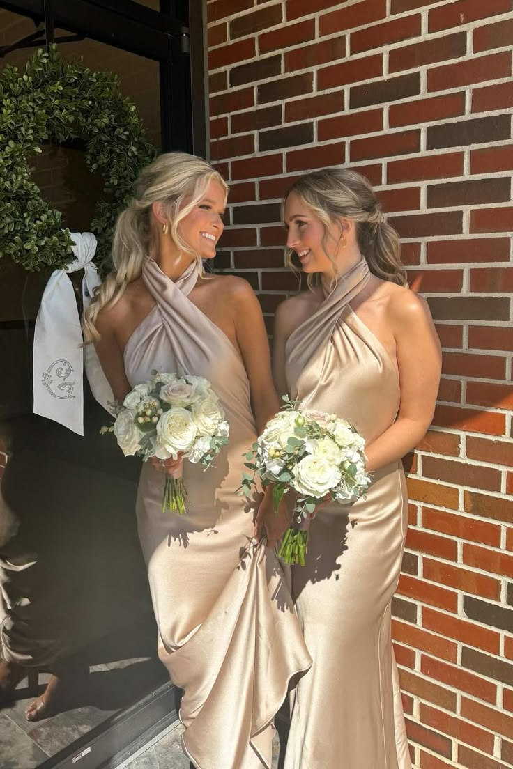 Classy Halter Champagne Backless Sheath Tea-Length Bridesmaid Dress Formal Wedding Guest Dress - FashionDia