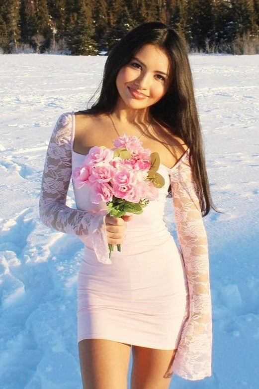 Chic Sheath Square Neck Light Pink Short Homecoming Dress with Long Sleeves