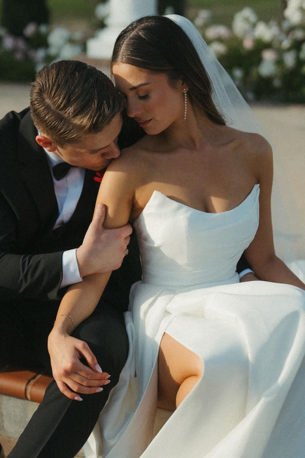 Charming A-Line Strapless White Long Wedding Dress with Split Front - View 3 | FashionDia