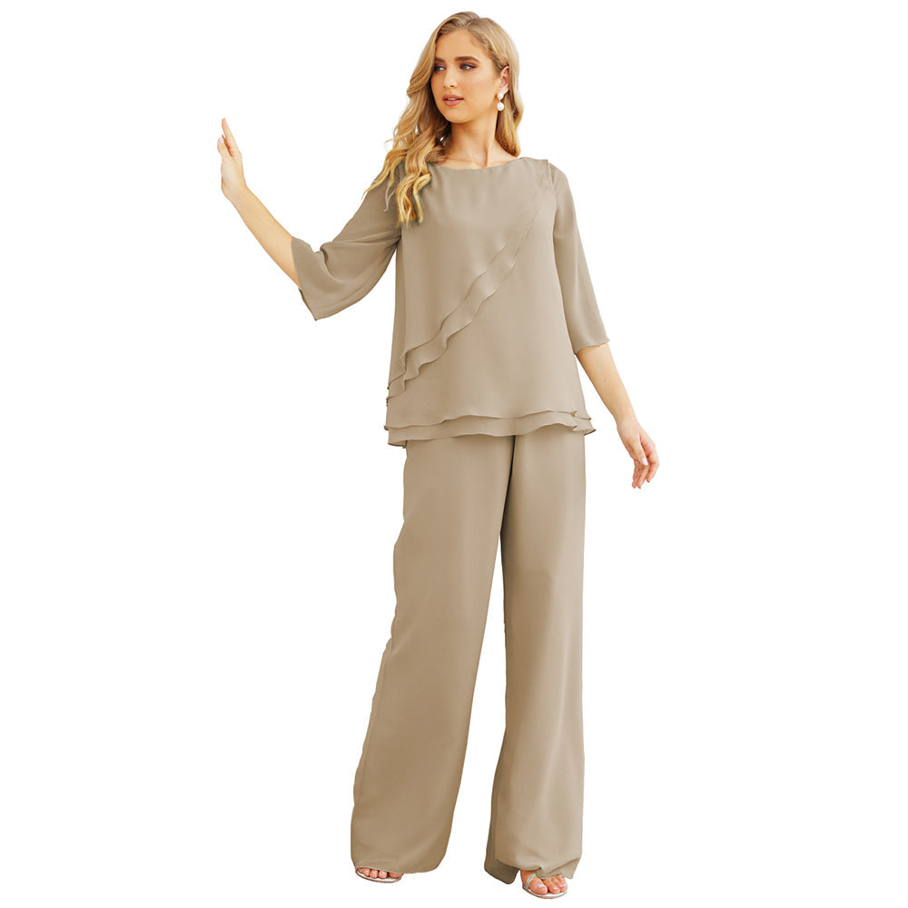 Sunnderly Chiffon Mother of The Bride Dress Plus Size Pant Suits Ruffle Layers
