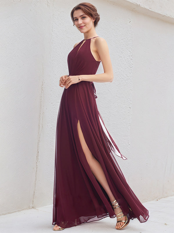 Mulberry A-Line Halter Floor-Length Chiffon Bridesmaid Dress
