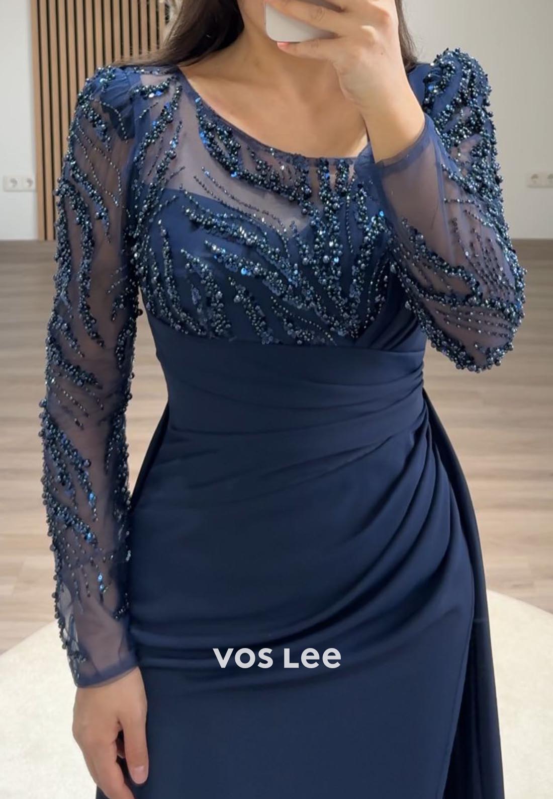 Pleated Beading Long Sleeve Illusion Neck Sweep Train Formal Dresses