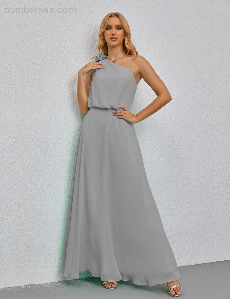 Ruffled One Shoulder Sleeveless Long Bridesmaid Dresses A-line Formal Evening Gown Side Split 28080 (ZD17018)