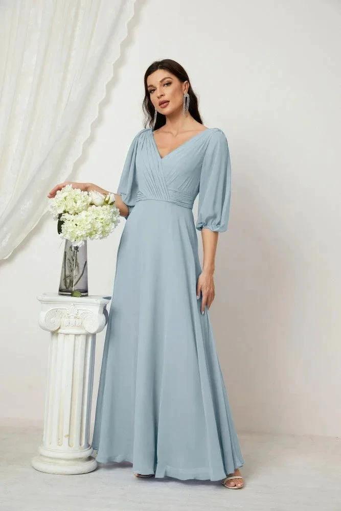 Numbersea Formal Prom Gown Women V-Neck Chiffon Bridesmaid Dresses Long Bishop Sleeve Party Dress 2807 by numbersea