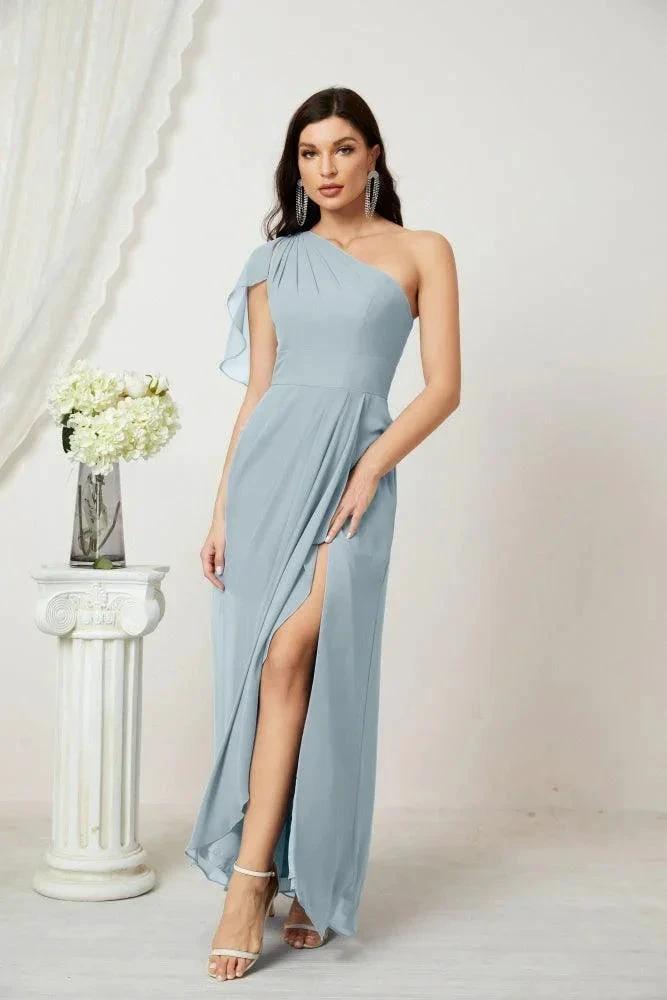 Numbersea Chiffon Ruffled One Shoulder Long Bridesmaid Dresses A-line Formal Evening Gown Side Split 2809 by numbersea