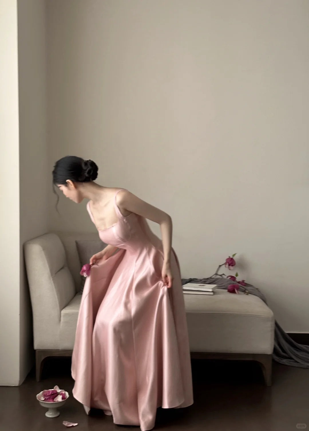Elegant Pink A-Line Square Neck Strap Satin Long Prom & Evening Dress - View 2 | FashionDia