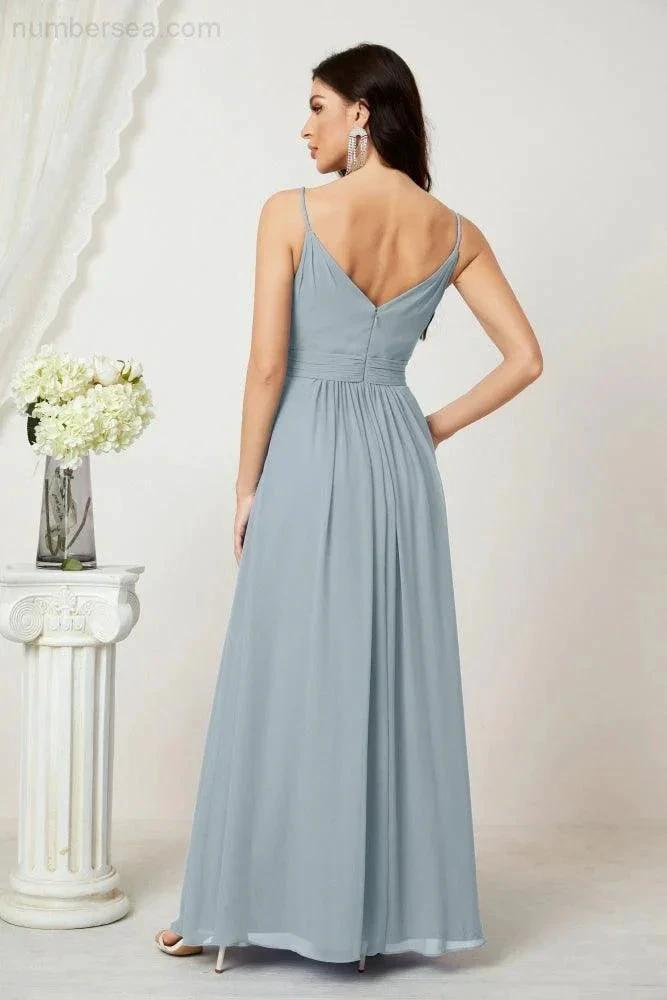 ZapDress Chiffon V-Neck Bridesmaid Dress Spaghetti Strap Long Formal Party Prom Gowns with Slit 28010 (ZD17028)