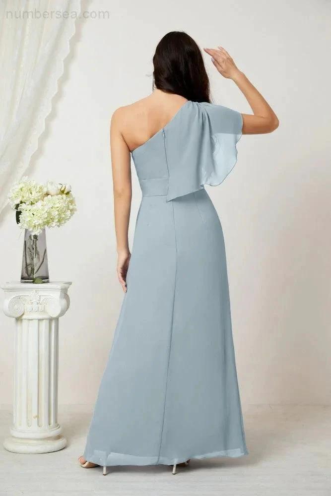 ZapDress Chiffon Ruffled One Shoulder Long Bridesmaid Dresses A-line Formal Evening Gown Side Split 2809 (ZD17049)