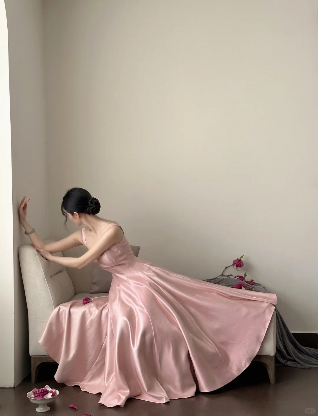 Elegant Pink A-Line Square Neck Strap Satin Long Prom & Evening Dress - View 3 | FashionDia