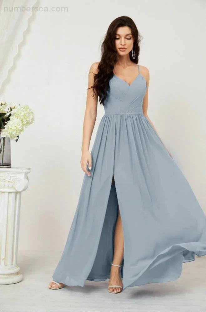 ZapDress Neck Bridesmaid Dresses Chiffon Long Spaghetti A-line Formal Prom Gown for Wedding Party Evening 2801 (ZD16961)